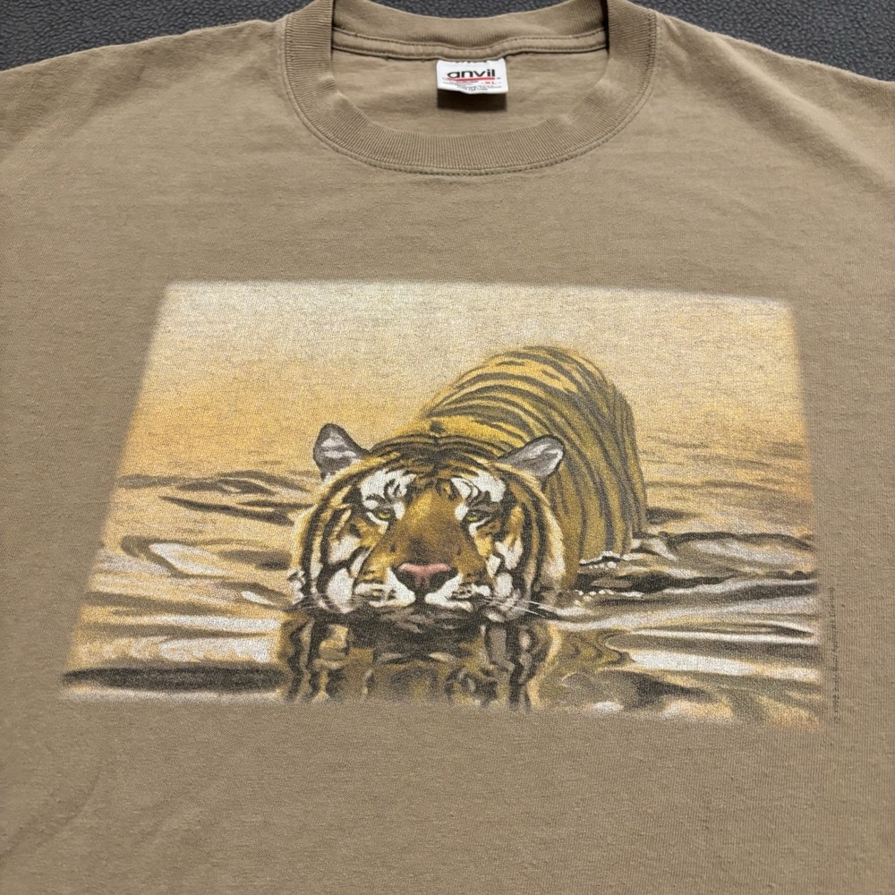 Vtg 1998 Wildlife Tiger In Water Nature Graphic Print Anvil Shirt Men's XL Tan