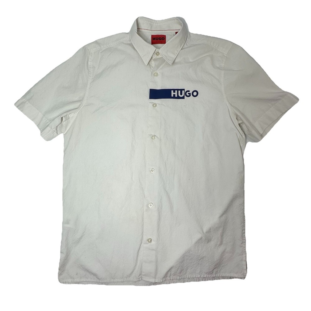 Hugo Boss Men’s Ebro Logo Short Sleeves Button-Down White Shirt Medium