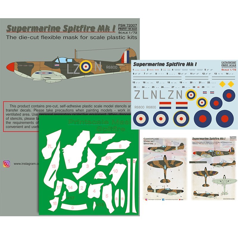 Print Scale PSM72007 Supermarin Spitfire Mk.1 Mask+Decals - for Scale model 1:72