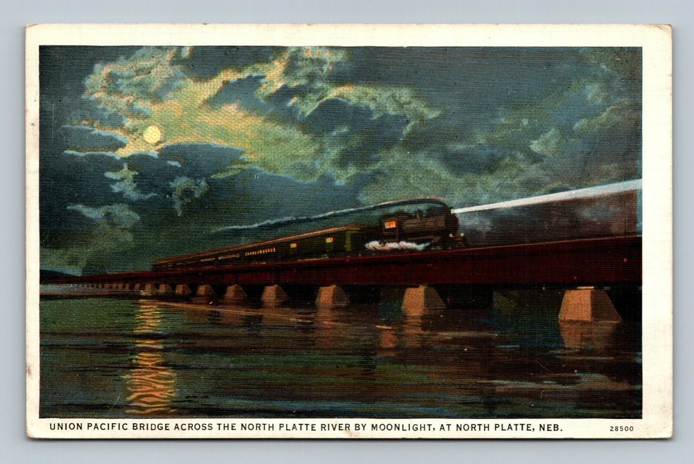 Postcard Union Pacific Bridge Across the North Platte River MoonLight at North