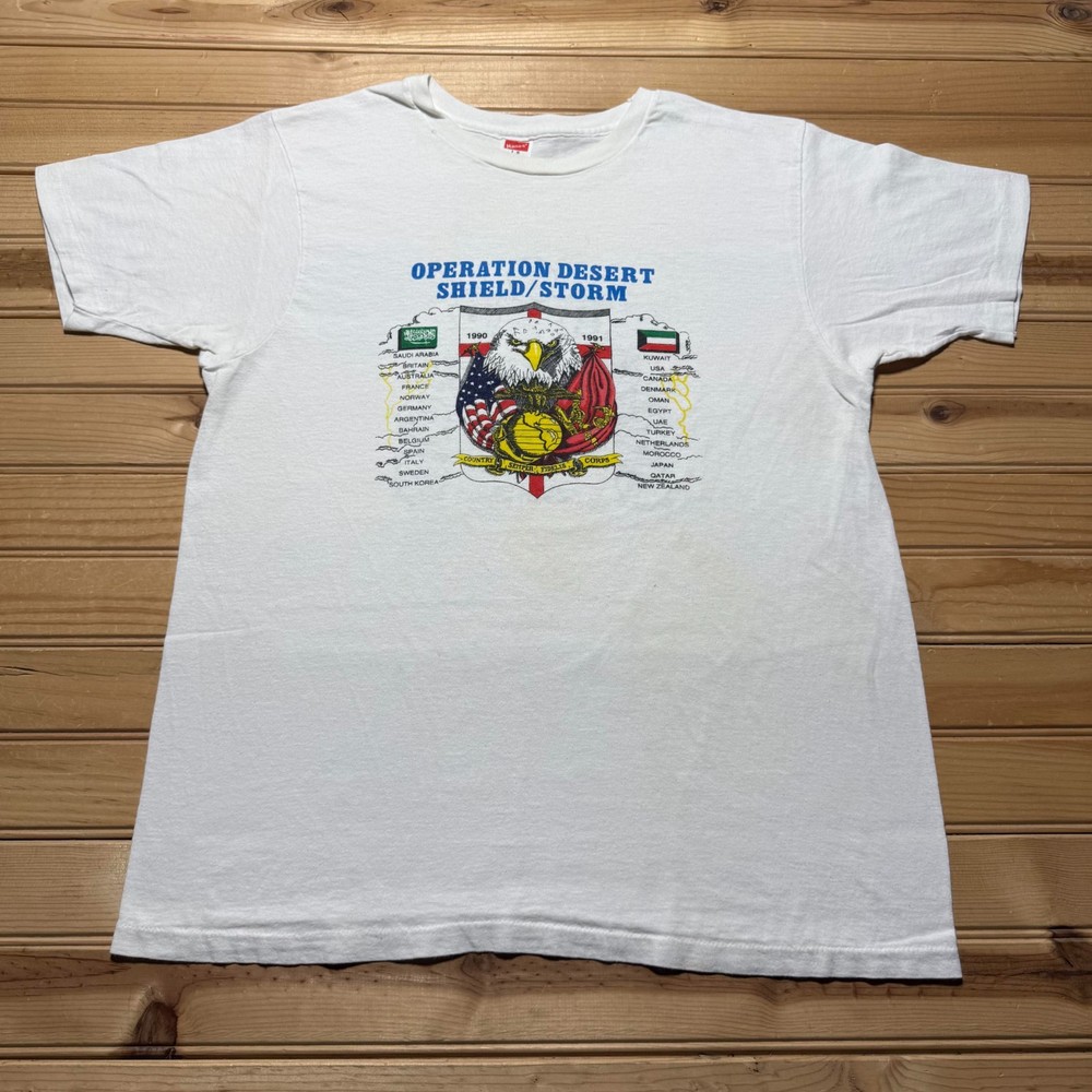 Vintage 1991 Hanes Operation Desert Shield Storm Marine Wing T-Shirt USA - Large