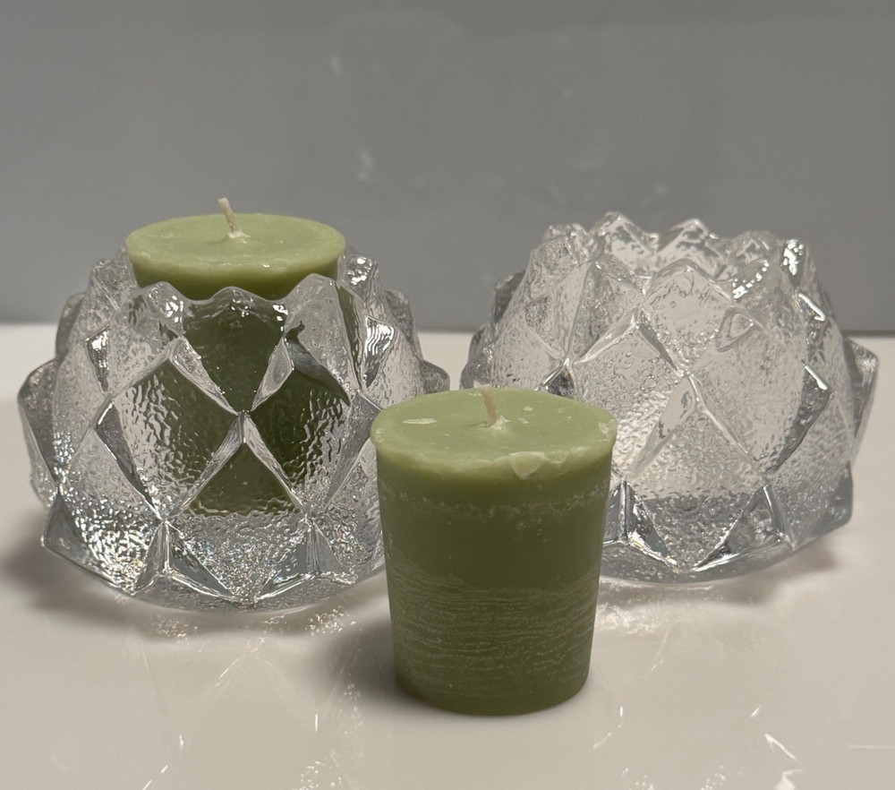Pair of Orrefors Sweden Crystal Firefly Nimbus Artichoke Votive Candle Holders