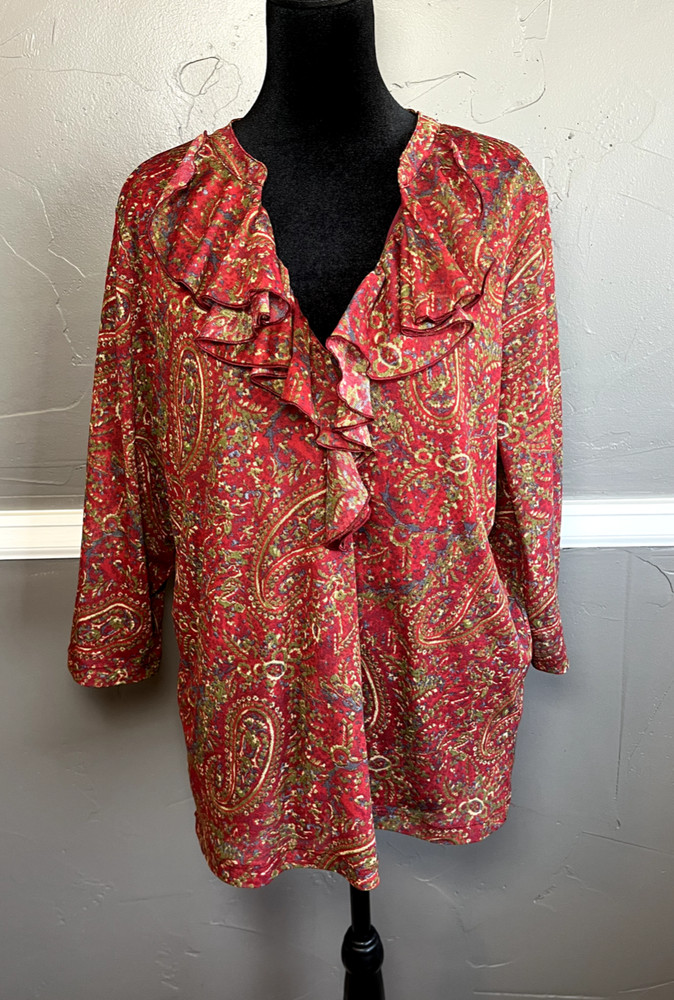 Chaps Women's Size 2X Red Paisley Sheer Mesh 3/4 Sleeve Top