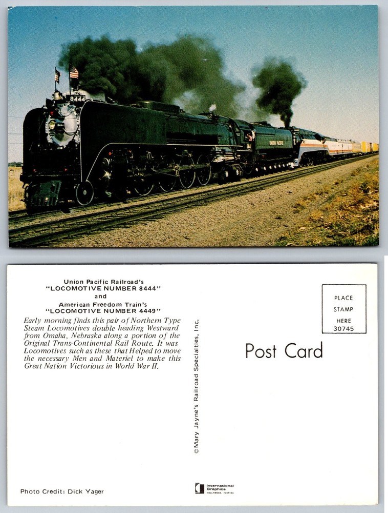 Union Pacific 8444 & American Freedom Train 4449 Steam Locomotives Postcard