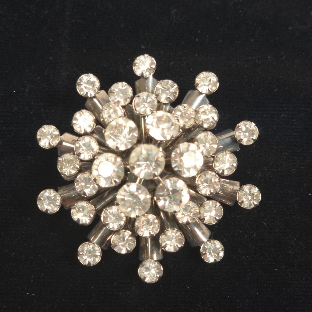 Vintage Clear Rhinestone Starburst Brooch Silver Tone Atomic Mid Century Pin