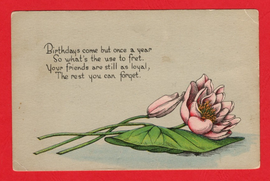 Antique Postcard - Birthday Poem Greeting with Pink Flowers pm 1919