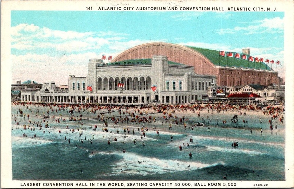 Atlantic City Auditorium Convention Hall Beach Linen Postcard 1930s-40s