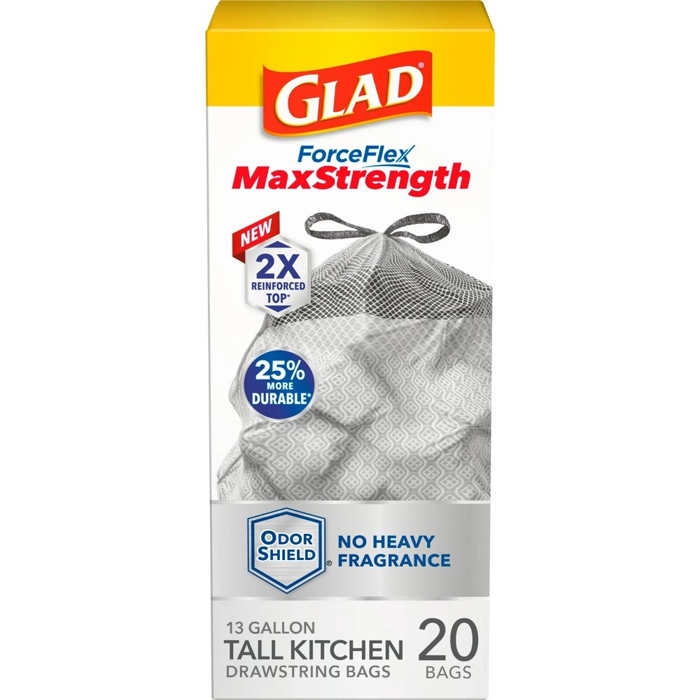 Glad ForceFlex MaxStrength Drawstring Trash Bags, 13 Gallon, Odor Shield, 20 Cou
