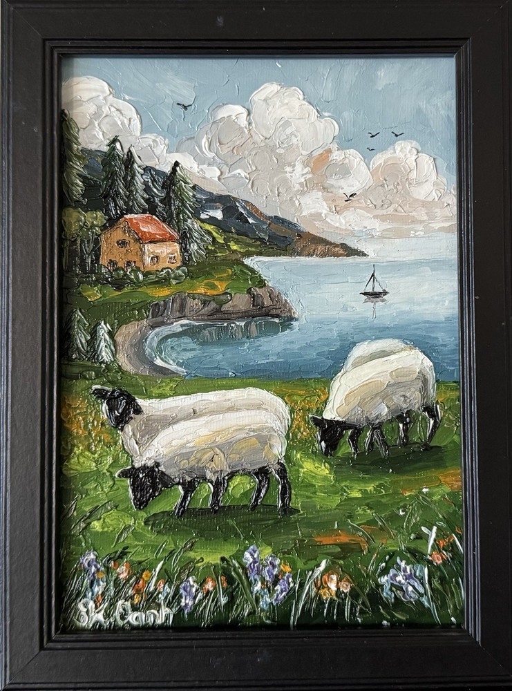 ORIGINAL OIL PAINTING LANDSCAPE SEASCAPE SHEEP SIGNED FRAMED 5x7