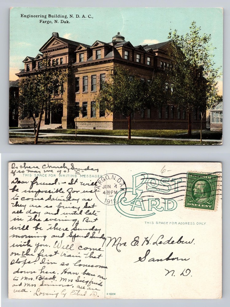 Fargo ND-North Dakota Engineering ND Agricultural College Vintage c1912 Postcard