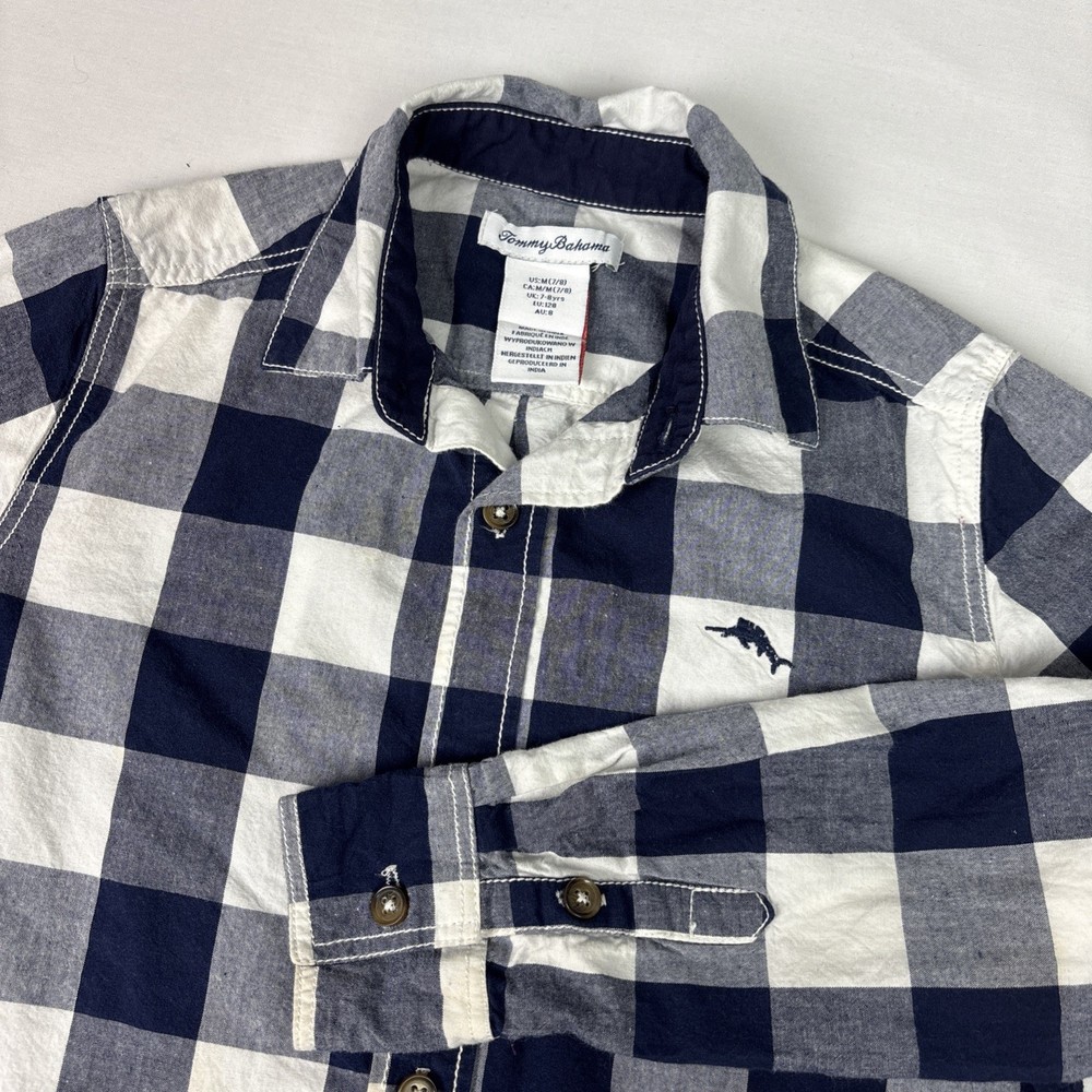 Tommy Bahama EUC Button Down Shirt Boys M 7/8 Navy White Buffalo Check Plaid