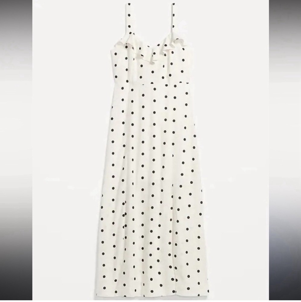 Old Navy fit flare linen blend ruffle trimmed maxi cami polka dot dress XS retro