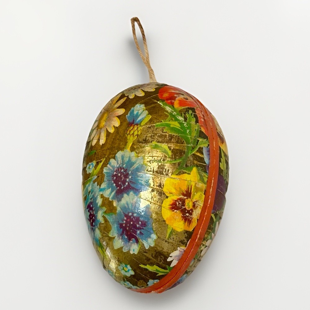 Vintage Paper Mache 3.25” Easter Egg Candy Container Western Germany Gold Floral