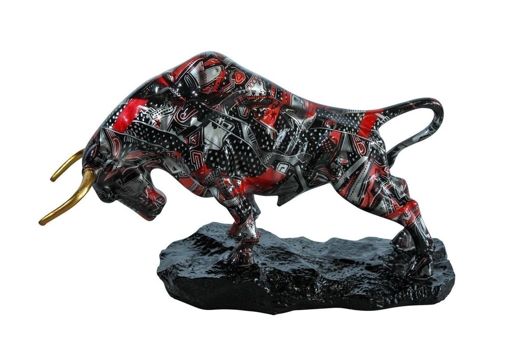 Modern Red Black Resin Bull Statue with Abstract Street Art   14