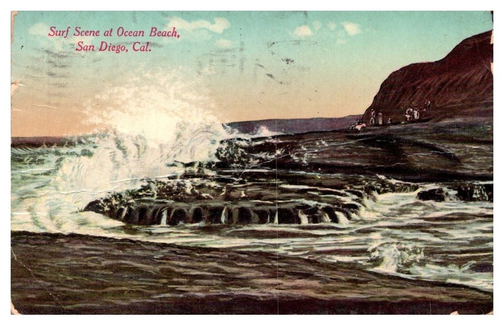 1911 Surf Scene At Ocean Beach San Diego California Vintage Postcard