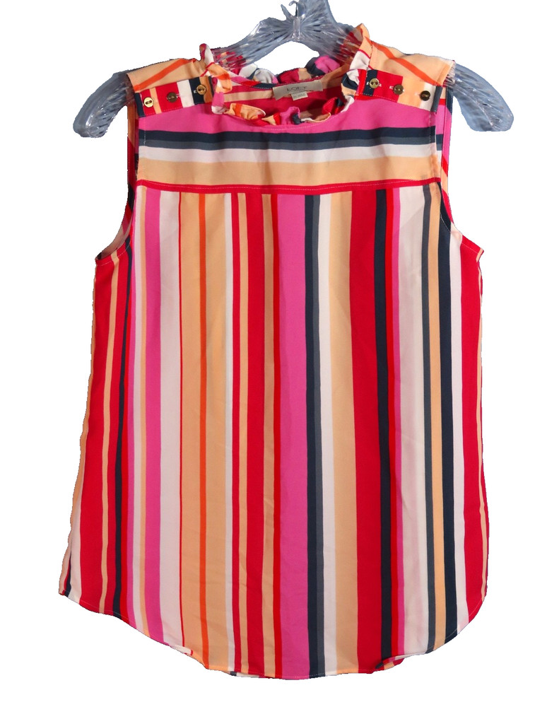 LOFT Ann Taylor CANDY STRIPE BLOUSE Crepe Chiffon RUFFLE TRIM Tank Top SIZE XS