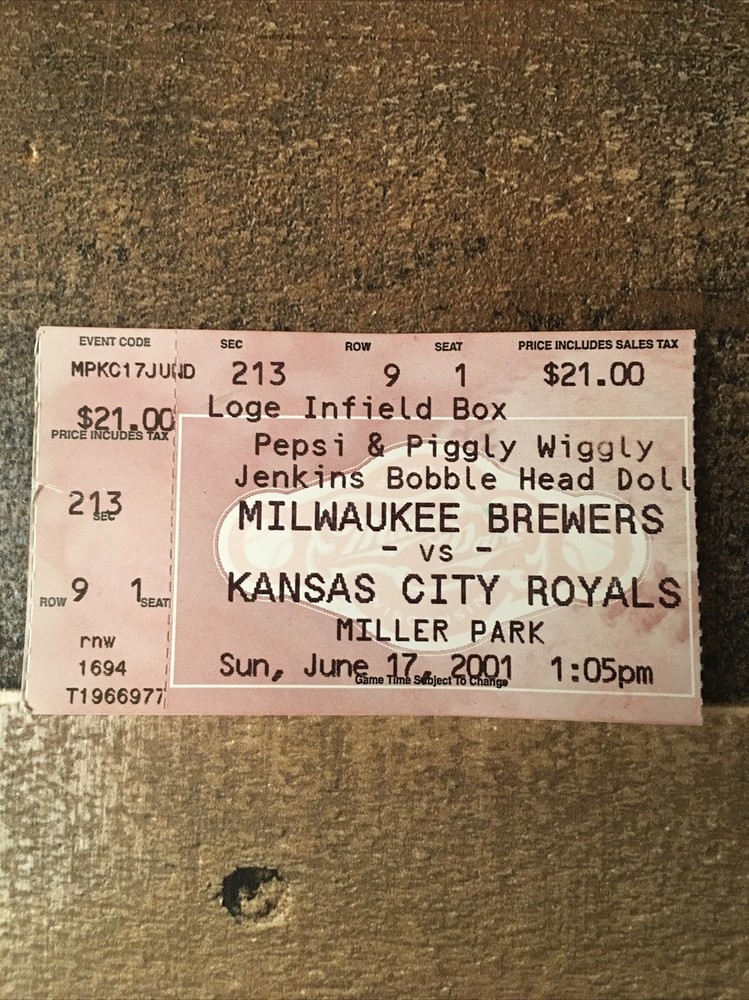 MLB 6/17/2001 Milwaukee Brewers Ticket Stub Geoff Jenkins Bobblehead Promotion!*