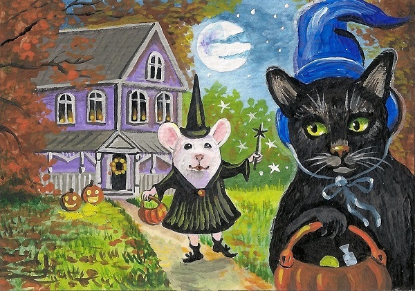 5x7 PRINT OF PAINTING BLACK CAT MOUSE MICE RYTA HALLOWEEN FOLK PUMPKIN Art candy