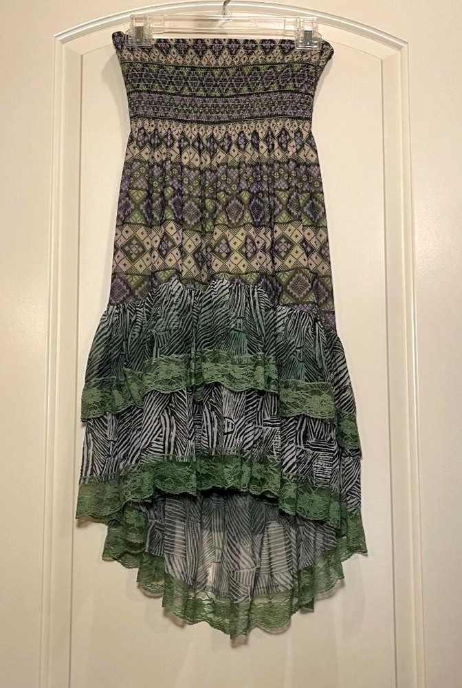 Lapis Anthropologie Womens Green/Purple Boho Tube Midi Dress w/lace layers M