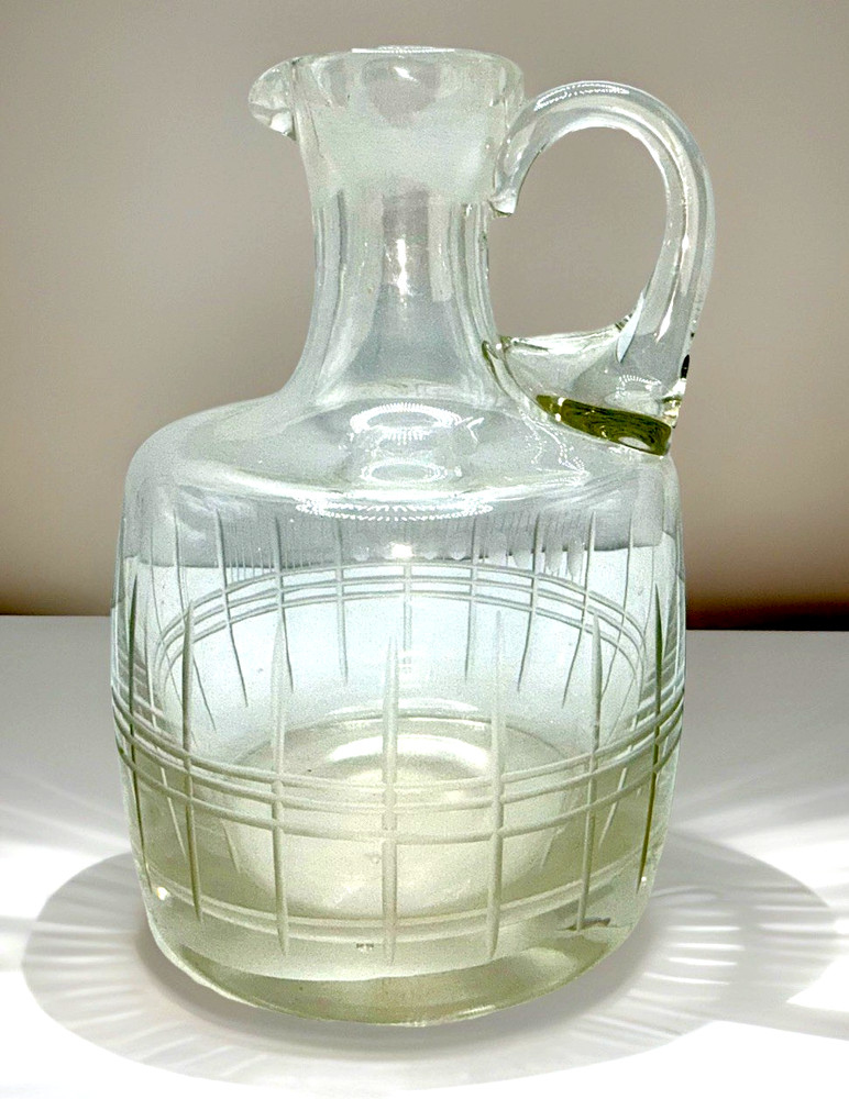 Victorian Glass Cruet w/ Etched Vertical & Horizontal Lines Art Deco Motif