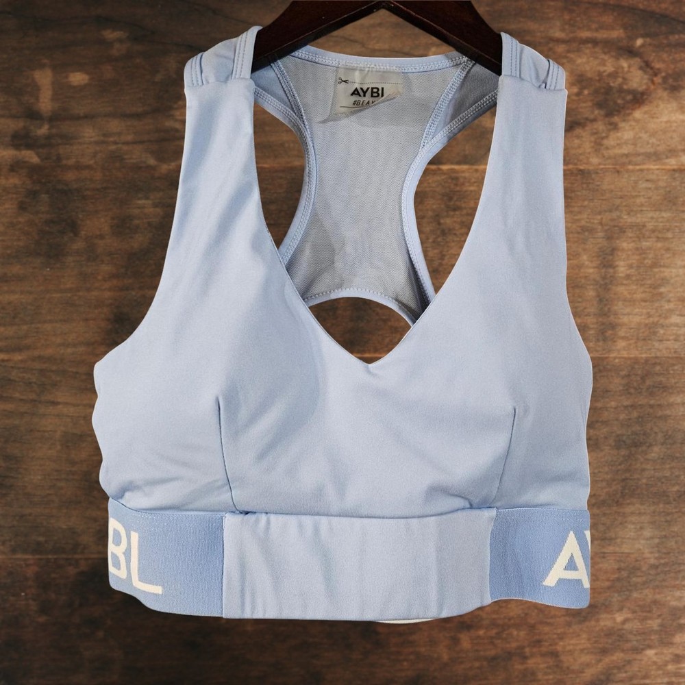 AYBL Training Sports Bra Womens Med Light Blue Racerback Mesh Logo Band Padded