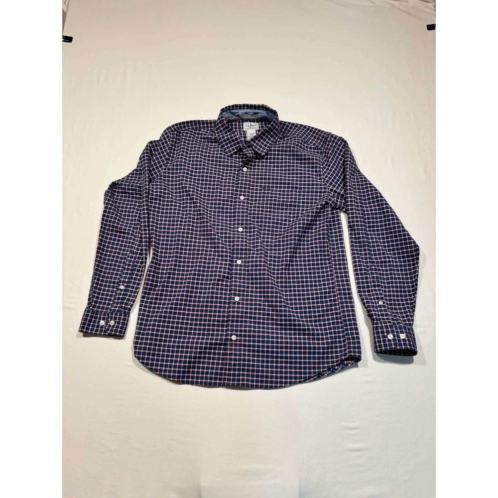 LL Bean Mens Slightly Fitted CoolMax Stretch Grid Check Shirt Navy Red M-REG