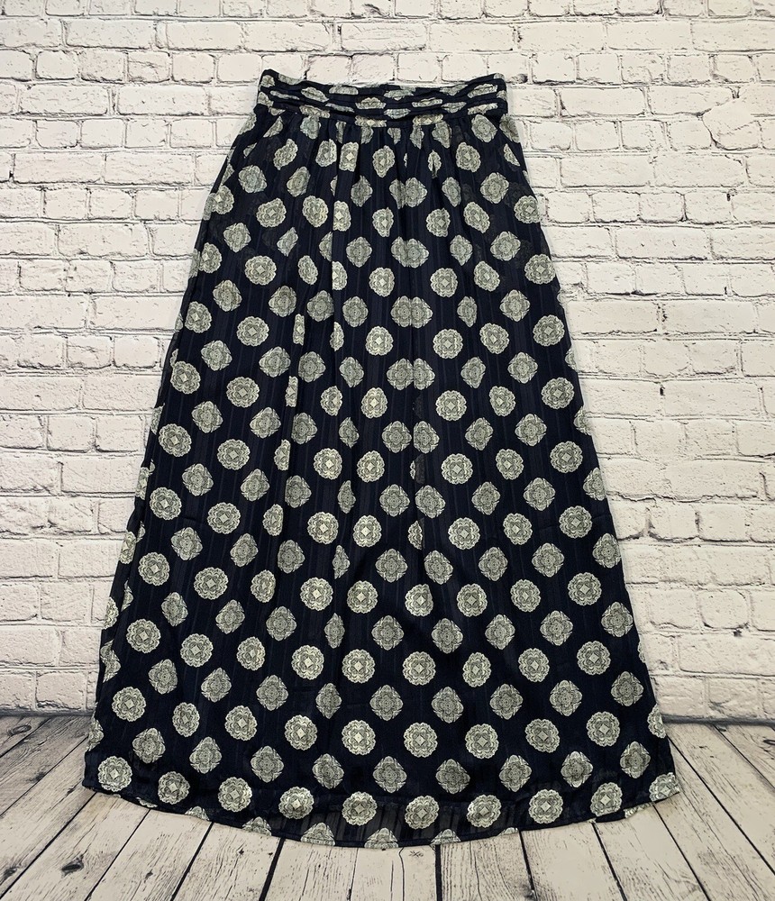 Mika Rose Womens Navy Blue Boho Maxi Skirt Size M Geometric White Pattern