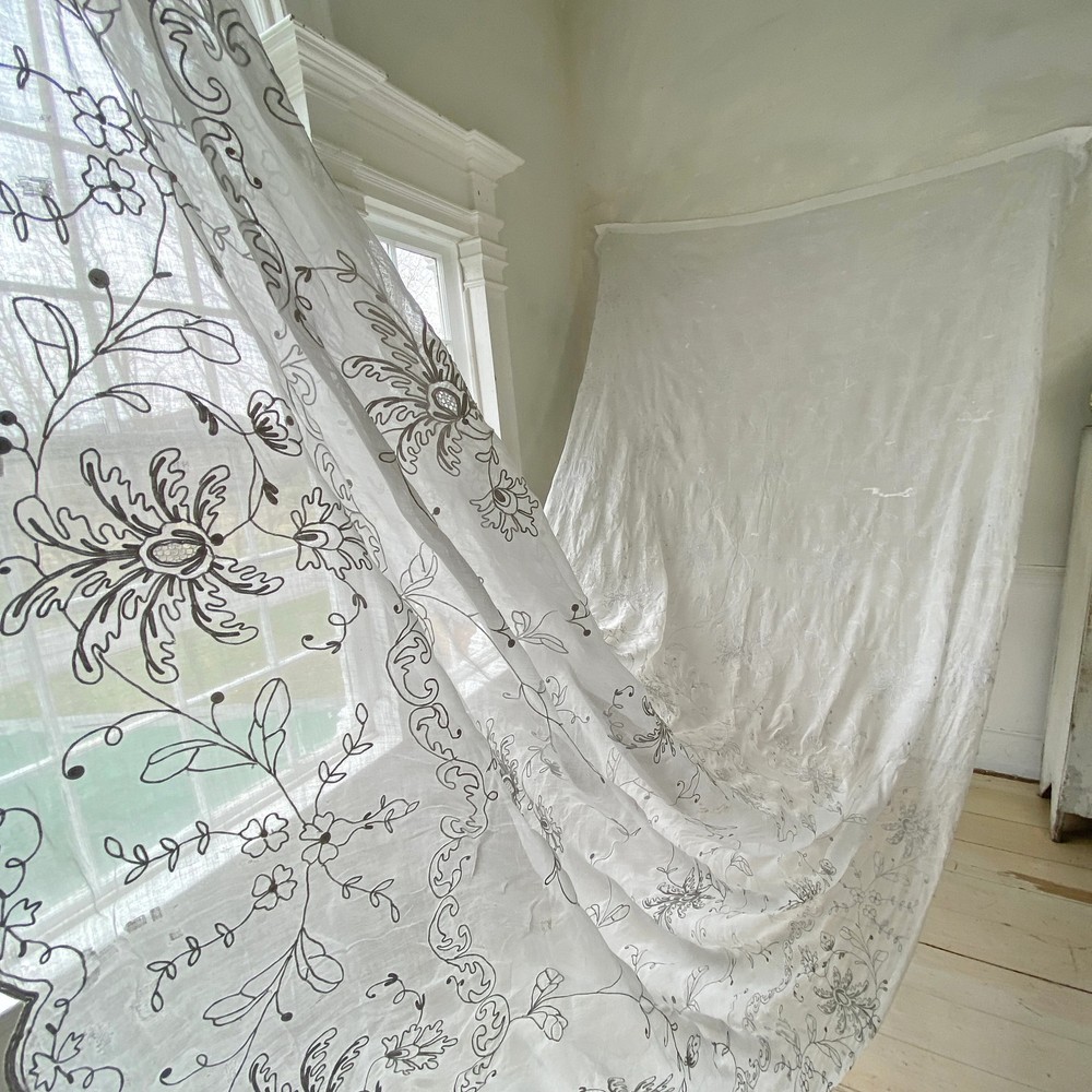 Antique Tambour Lace Sheer Curtain Panel 1800s White Lacework Cotton Large Scal