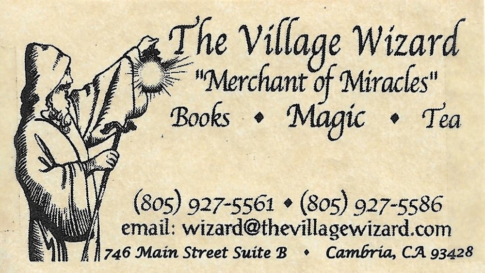 The Village Wizard magic shop business card Cambria, Calif.; books, magic, tea