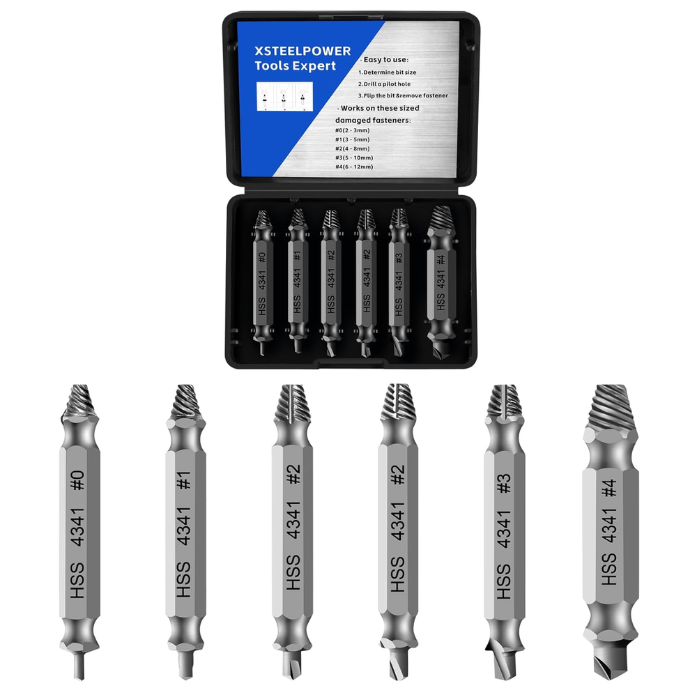 6PCS HSS Screw Extractor Set (#0-#4, 3-12mm), Bolt Extractor Kit, Easy Remova...