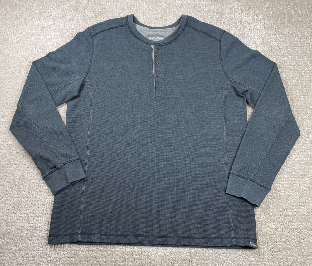 Eddie Bauer Thermal Shirt Mens XLT Gray Henley Waffle Knit Essential Grandpa Y2K