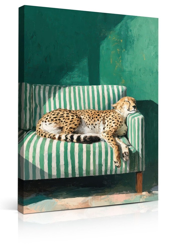 Framed Green Cheetah Canvas Wall Art Leopard Sleeping Cheetah on Sofa Picture...