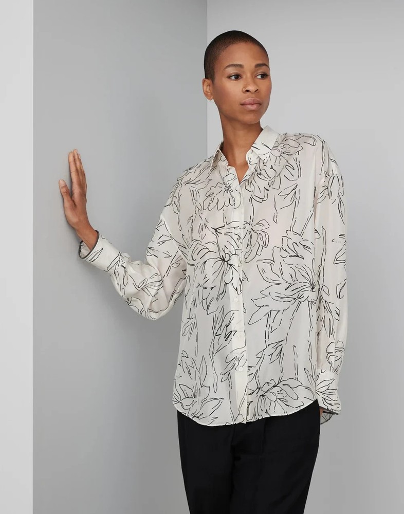 Brunello Cucinelli White Silk Shirt Ginkgo Print Monili Trim MSRP $2450