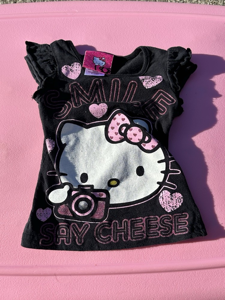 2012 Hello Kitty Y2K Shirt Black Pink Glitter Smile Say Cheese Flutter Sleeve 2T