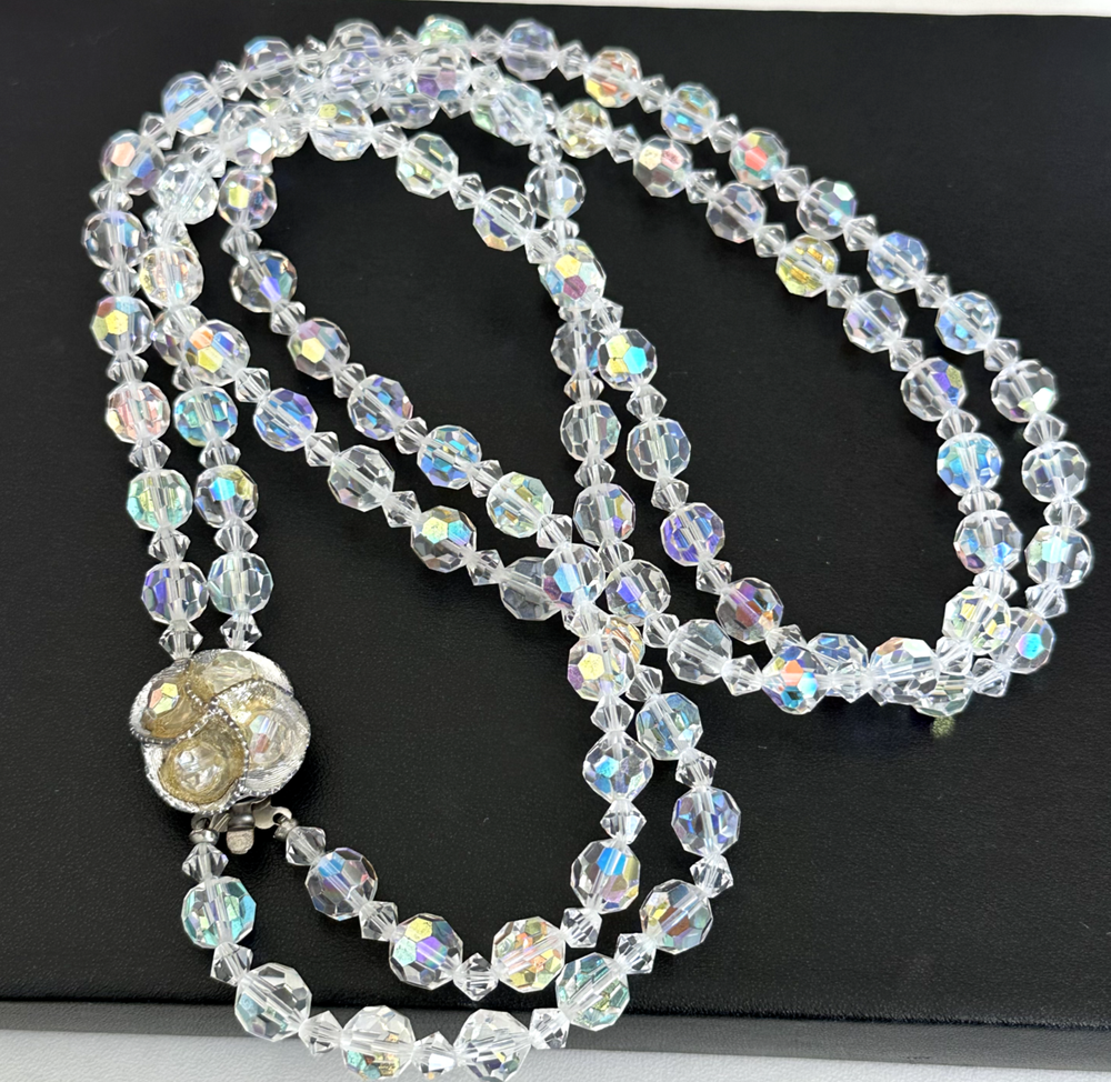 Vintage Clear Aurora Borealis AB Crystal Long Ladies Double Strand Necklace 23