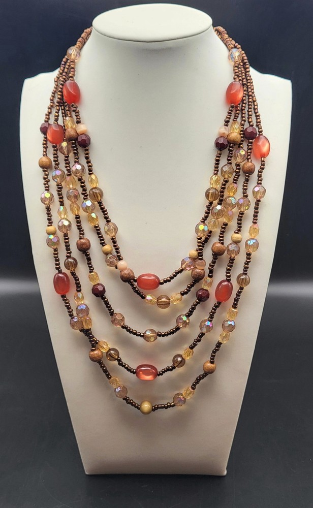 Vintage Multi Strand Seed Beaded Necklace Boho Autumn Earth Tone Amber & Brown