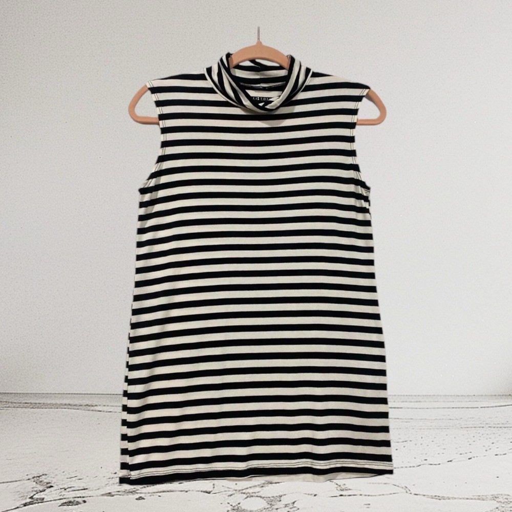 Toffier Women’s Soft Knit Sleeveless Mock Neck Top Medium Black Stripes