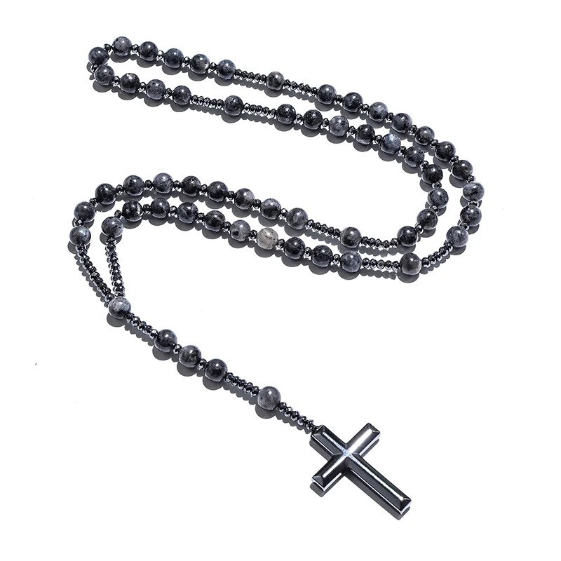 Necklace Black Labradorite Catholic Christian Rosary Beaded Cross Pendant Yoga