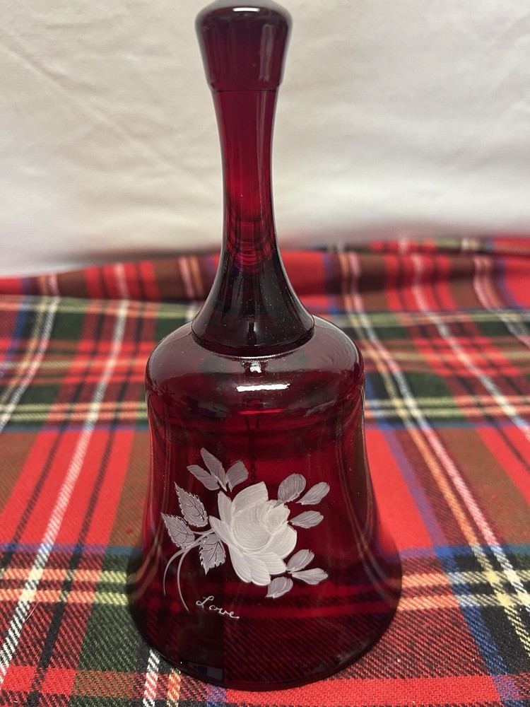 VTG 7 1/4”Tall Fenton Ruby Red Love Rose Bell Hand Painted &Signed Frida Hubbard