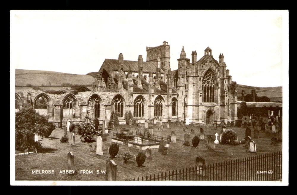 Melrose Abbey From SW Cemetery UK UNP Postcard Divided