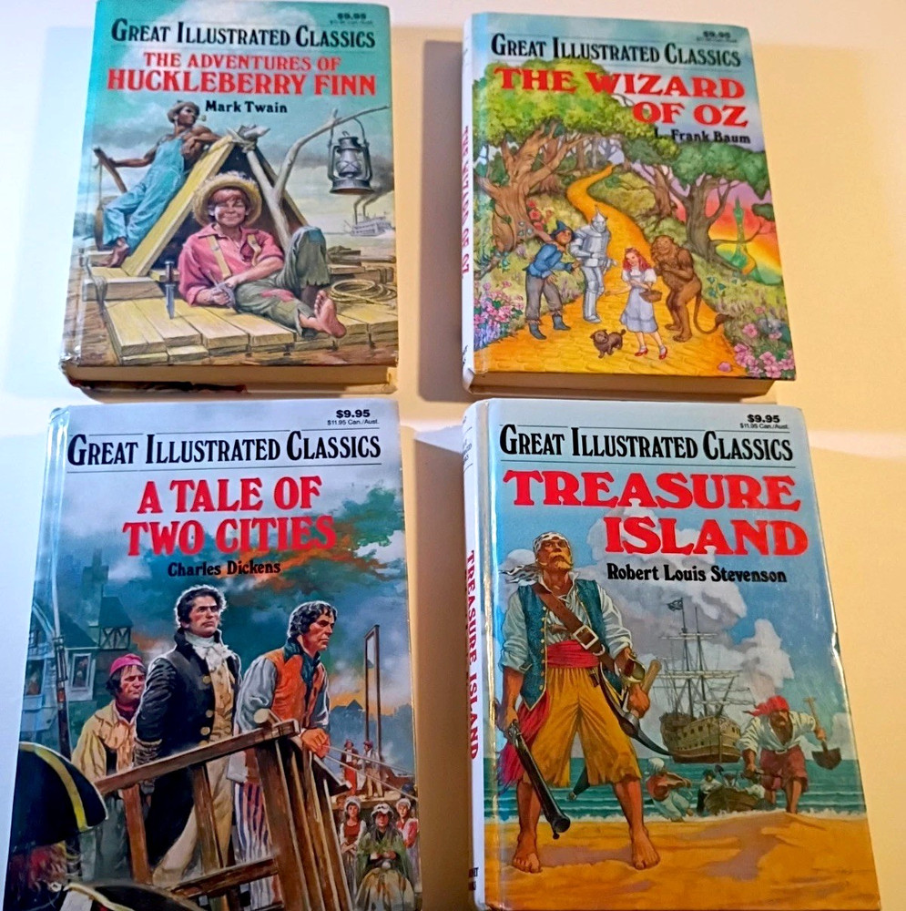 Great Illustrated Classics lot of 4 Treasure Island Huck Finn Tale of 2 Wizard