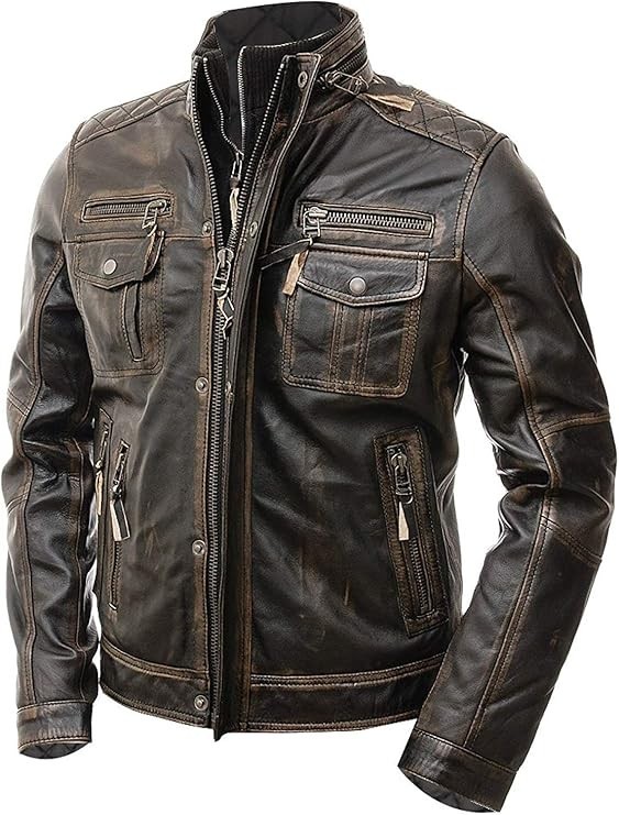 Mens Motorcycle Biker Slim Fit Vintage Distressed Brown Cafe Racer Leather jacke