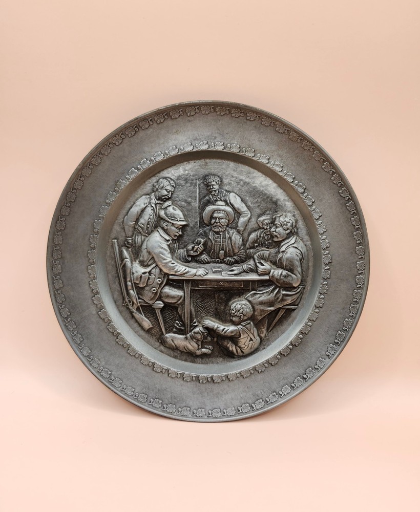 1984 German Pewter Plate 12” In The Tavern - Playing Cards