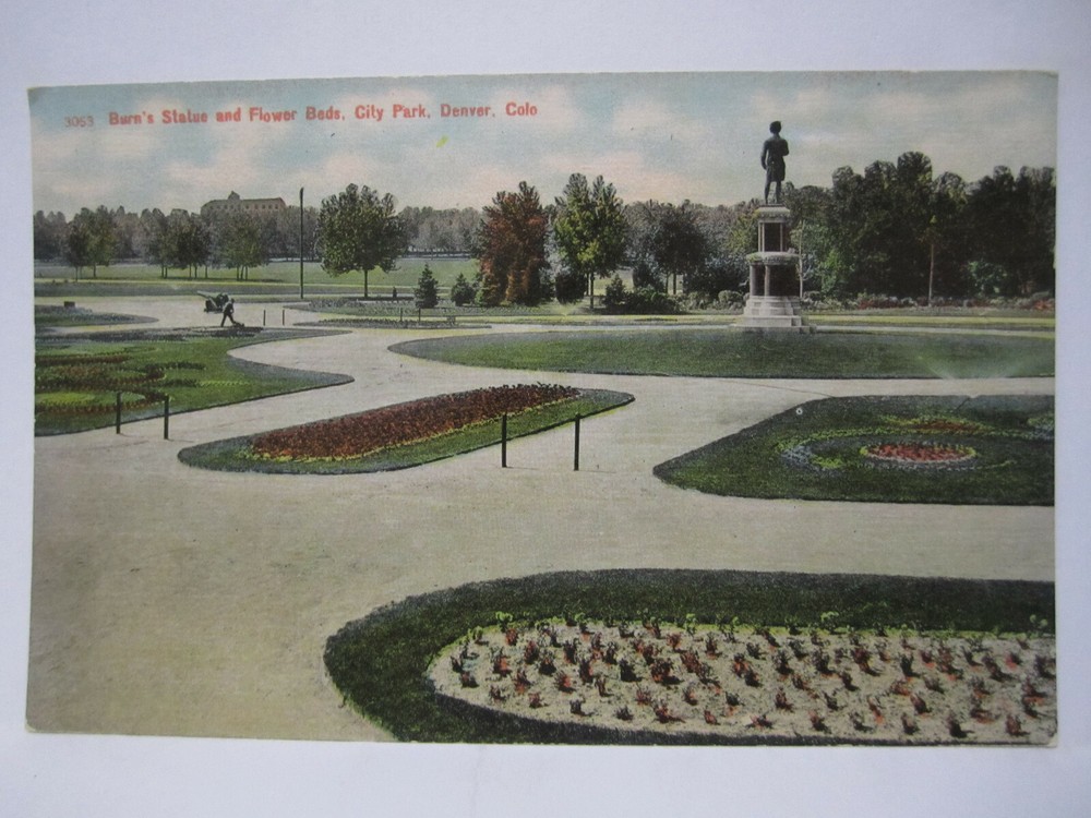 Burns Statue & Flower Garden In City Park Postcard Denver Co Colorado 1910