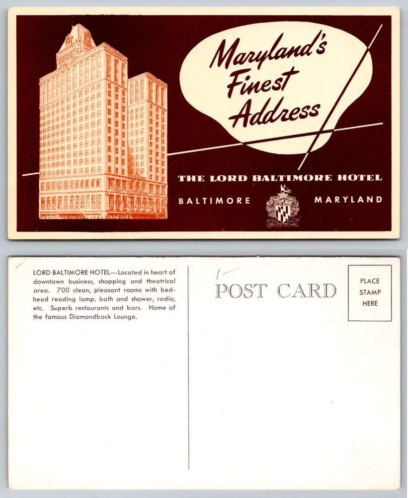 Lord Baltimore Hotel Postcard Maryland's Finest Address Vintage Baltimore MD