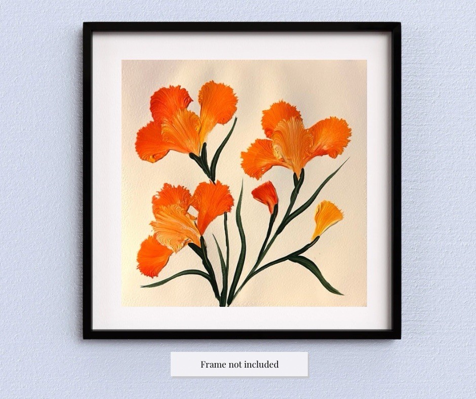 Abstract Floral Art Orange Iris Flowers Acrylic 8x8” Paper VLP Original