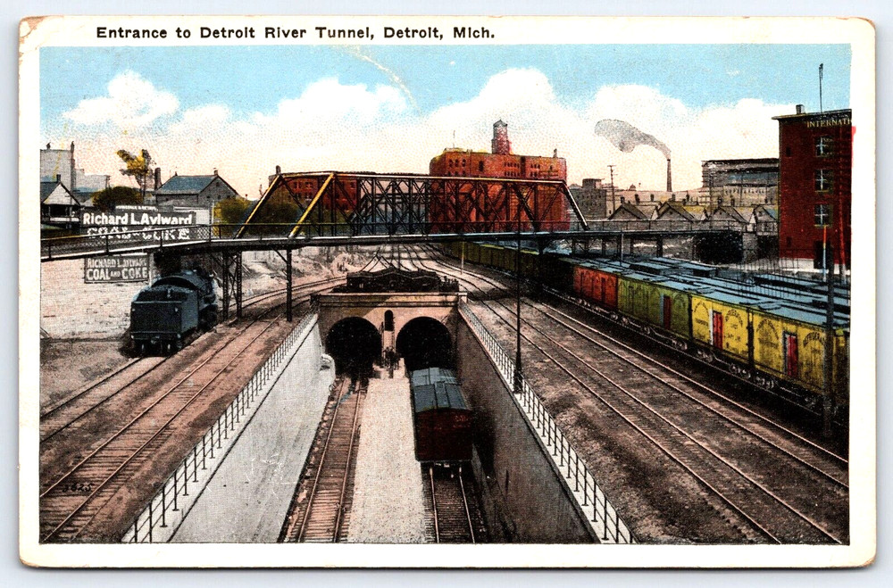 Vintage Old Antique Postcard River Tunnel Railroad Train Detroit Michigan Usa