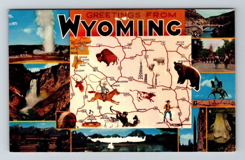 WY-Wyoming, Scenic Greetings, Map View, Landmarks, Vintage Postcard
