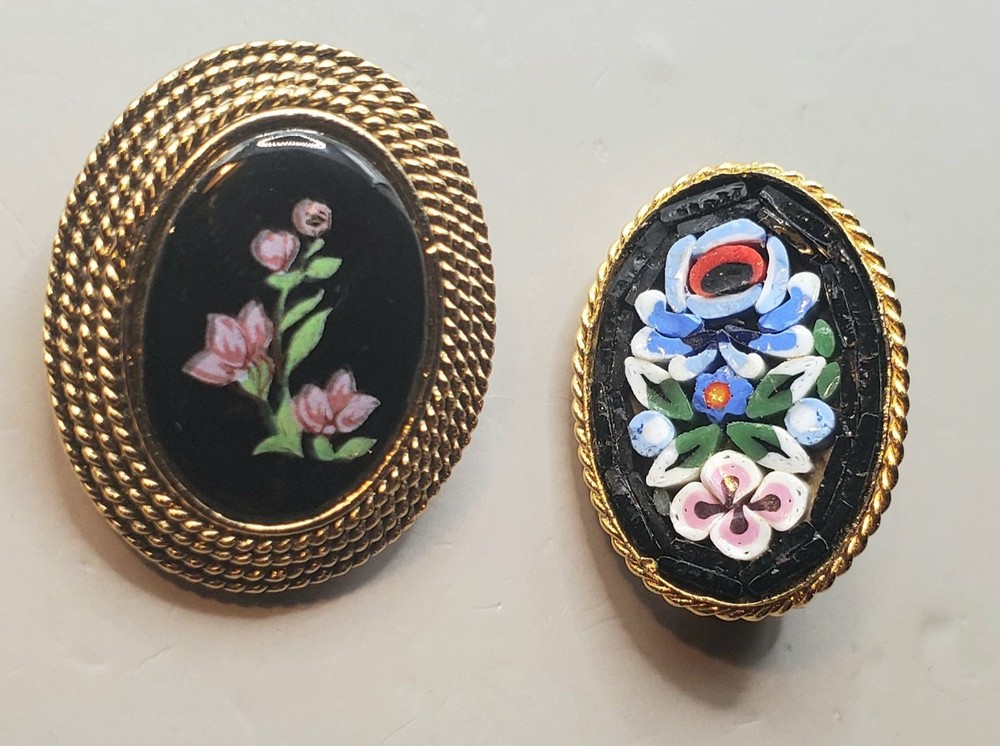2 Vintage Pins: Micro Mosaic Floral, Porcelain Flower Cameo