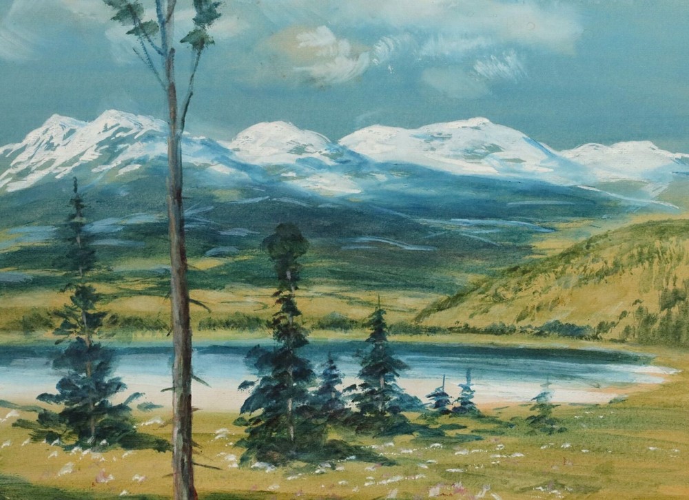 Antique gouache mountain lake landscape realist painting